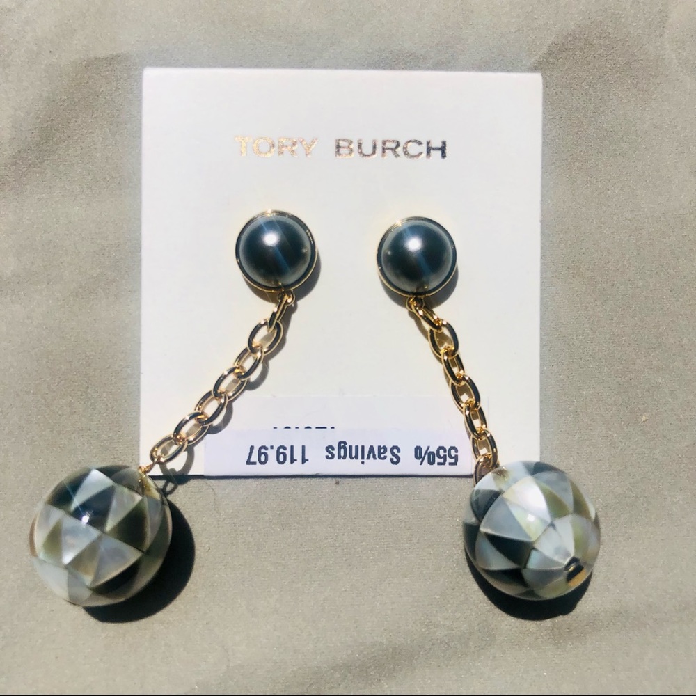 Tory Burch Gold Chain Drop Earrings with Gray and Cream Faceted Spheres